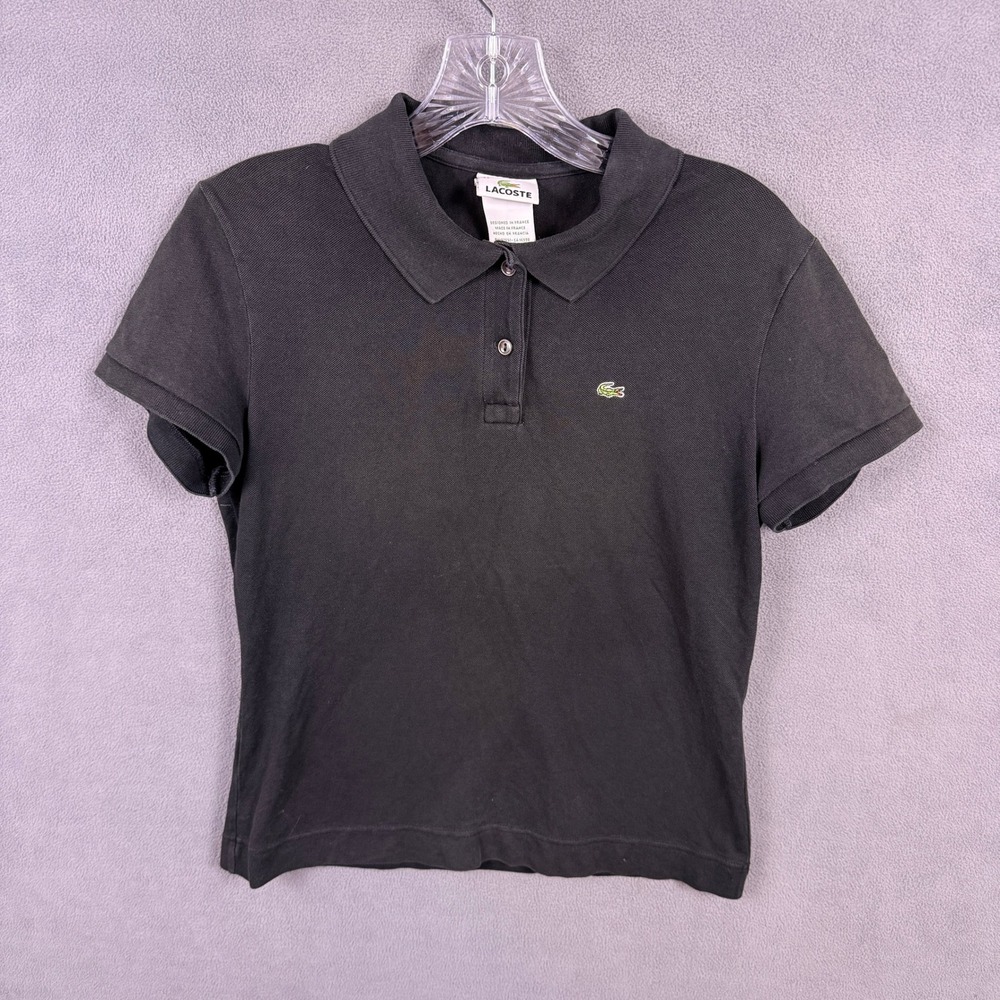 VTG Lacoste Polo Shirt Women 44 Black Short Sleeve Pique Made In France FADED